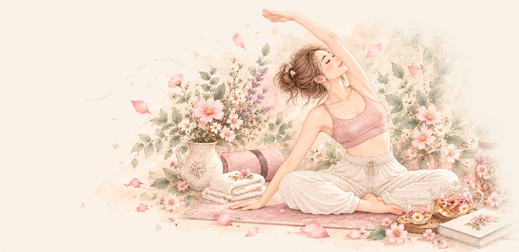 柔和水彩插画：在阳光下舒展身体的女性